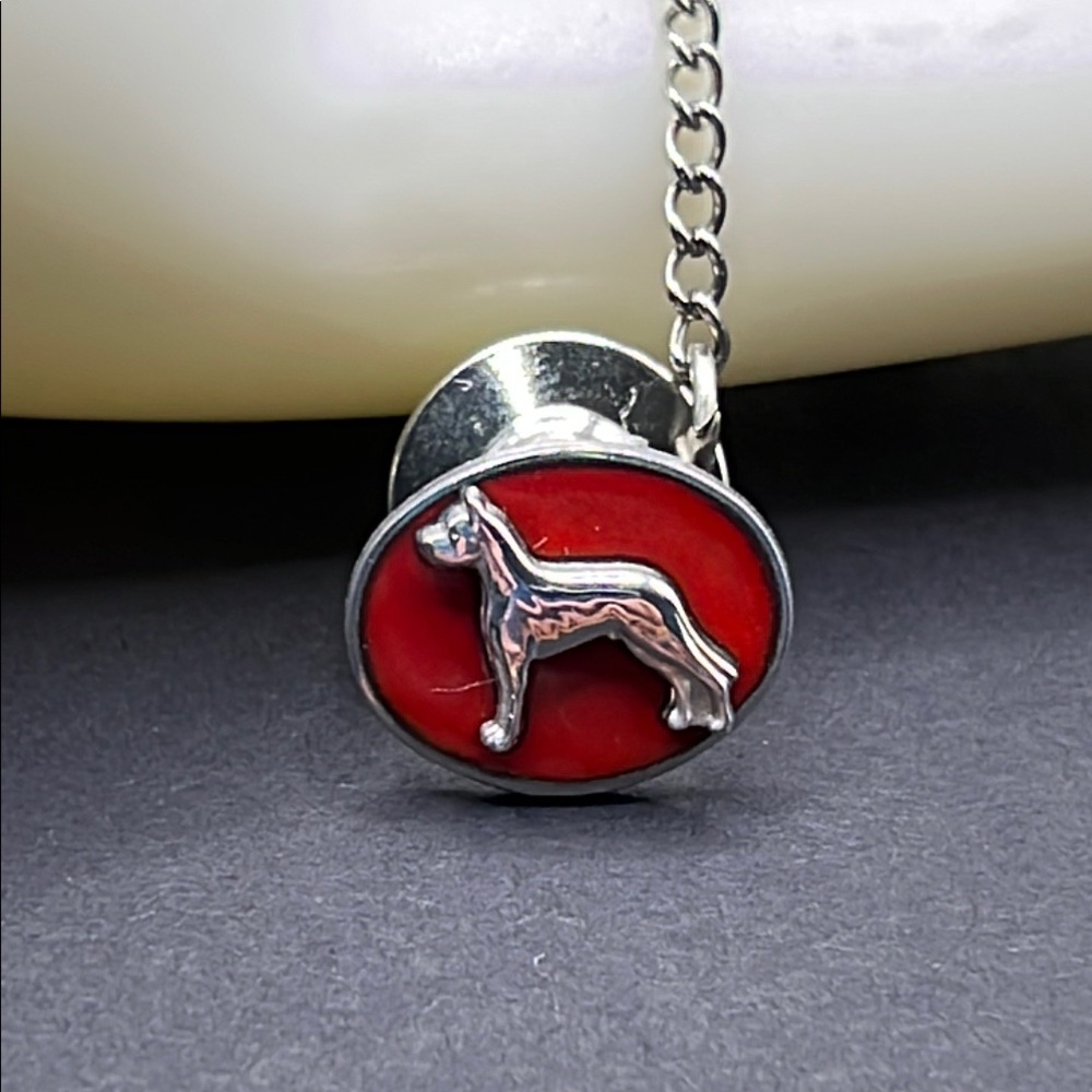 Red and silver Great Dane tie tack, sterling silver. Approximately 13mm wide